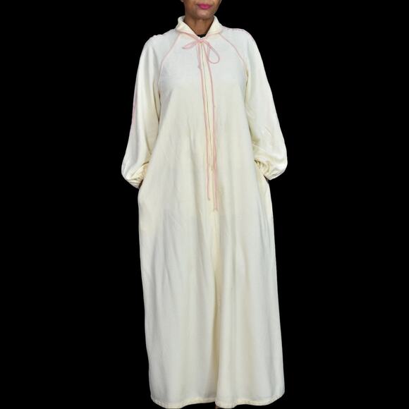 Vintage Bill Tice Robe Off White Cream Housecoat Velour Loungewear Caftan Large - Picture 1 of 16